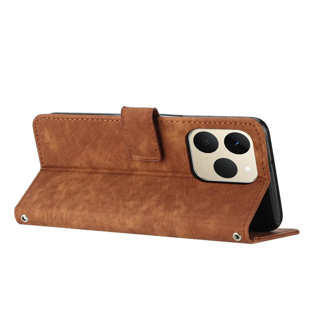 For Realme 15T 5G Stand Case Imprinted Lines Leather Phone Cover - Brown - 2