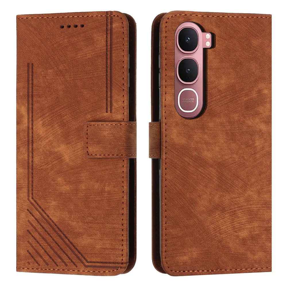 For vivo Y21d / vivo Y31 5G Stand Case Imprinted Lines Leather Phone Cover - Brown - 1