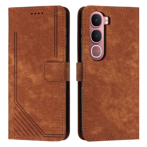 For vivo Y21d / vivo Y31 5G Stand Case Imprinted Lines Leather Phone Cover - Brown - 1