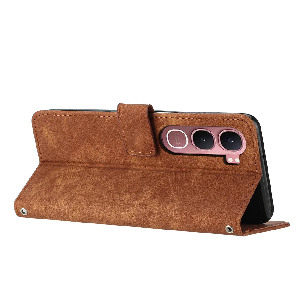 For vivo Y21d / vivo Y31 5G Stand Case Imprinted Lines Leather Phone Cover - Brown - 2