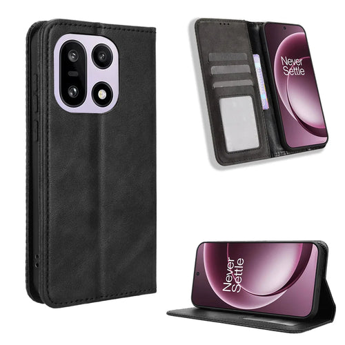 For OnePlus 15 5G Leather Case Wallet Stand Retro Texture Phone Cover - Black - 1