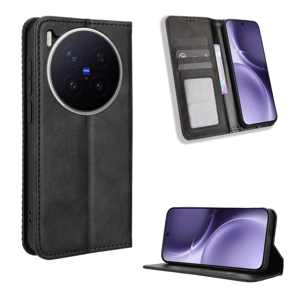 For vivo X300 Pro 5G Leather Case Wallet Stand Retro Texture Phone Cover - Black - 1