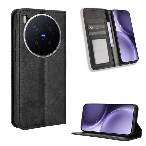 For vivo X300 Pro 5G Leather Case Wallet Stand Retro Texture Phone Cover - Black - 1