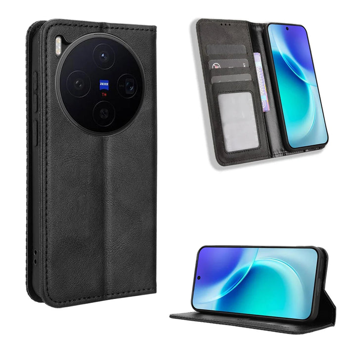 For vivo X300 5G Leather Case Wallet Stand Retro Texture Phone Cover - Black - 1