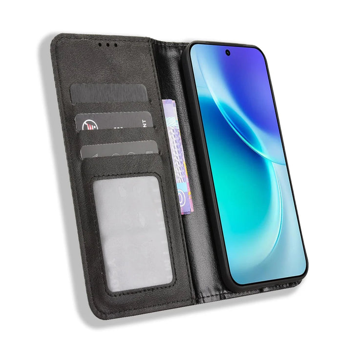 For vivo X300 5G Leather Case Wallet Stand Retro Texture Phone Cover - Black - 6