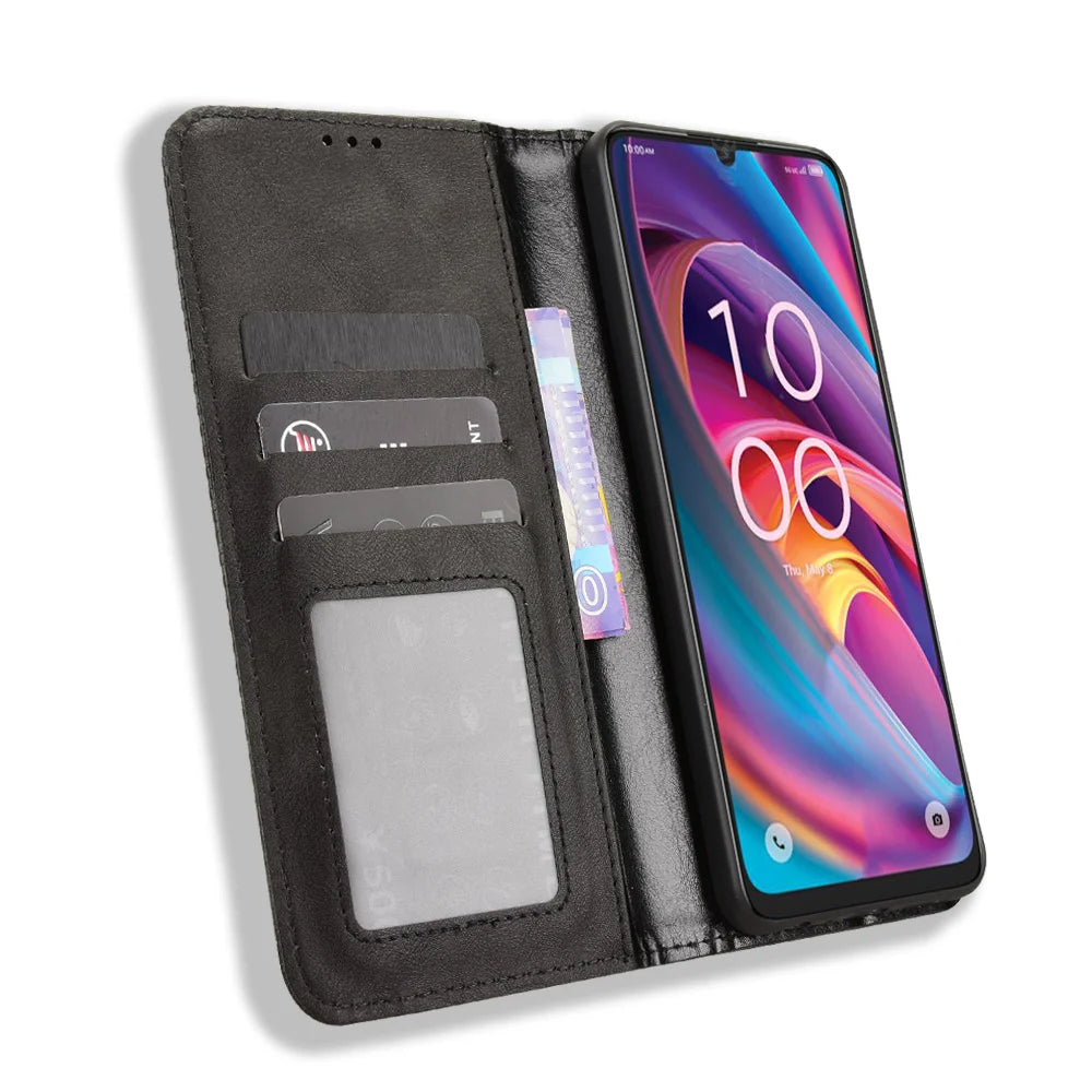 For TCL K32 5G / TCL K33 5G Leather Case Wallet Stand Retro Texture Phone Cover - Black - 6