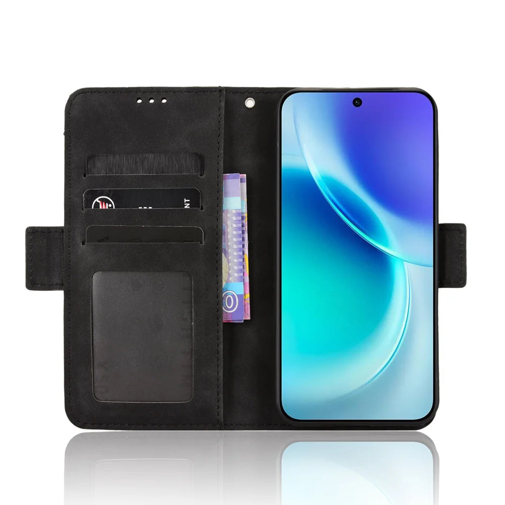 For vivo X300 5G Leather Case Phone Wallet Cover with Multiple Card Slots - Black - 5