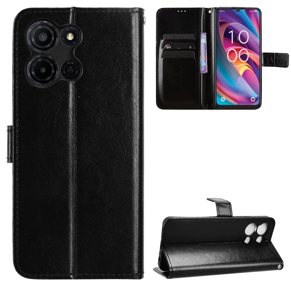 For TCL K32 5G / TCL K33 5G PU Leather Case with Strap Crazy Horse Texture Phone Wallet Cover - Black - 1