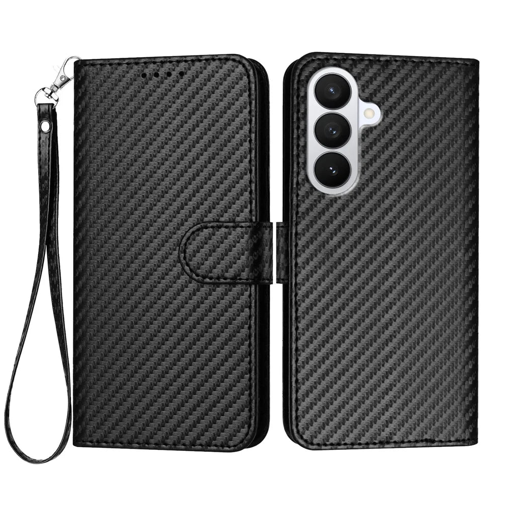 For Samsung Galaxy S26 Wallet Case with Strap Carbon Fiber Texture Leather Mobile Cover - Black - 1