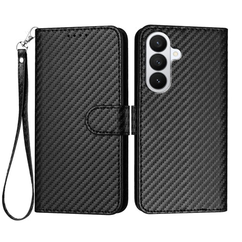 For Samsung Galaxy S26 Wallet Case with Strap Carbon Fiber Texture Leather Mobile Cover - Black - 1