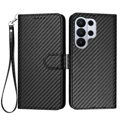 For Samsung Galaxy S26 Ultra Wallet Case with Strap Carbon Fiber Texture Leather Mobile Cover - Black - 1