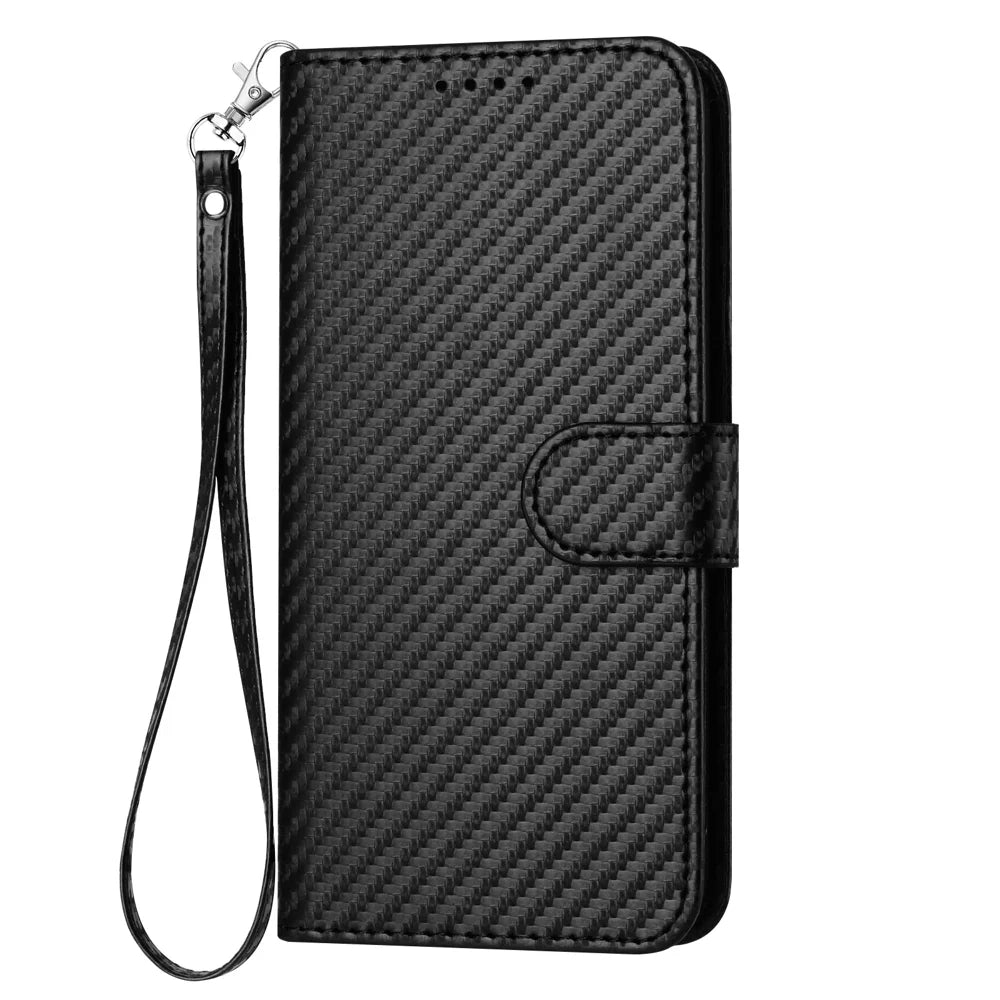 For Samsung Galaxy S26 Ultra Wallet Case with Strap Carbon Fiber Texture Leather Mobile Cover - Black - 2