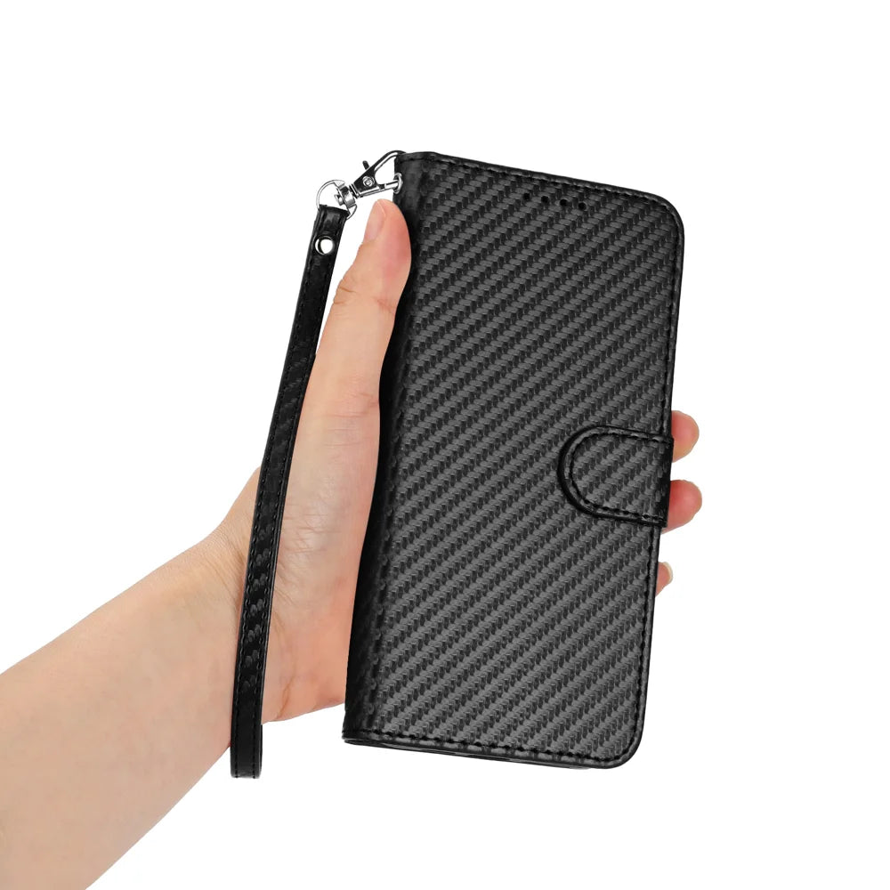 For Samsung Galaxy S26 Ultra Wallet Case with Strap Carbon Fiber Texture Leather Mobile Cover - Black - 3