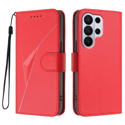 For Samsung Galaxy S26 Ultra Case Triangle Imprint Leather Phone Cover with Lanyard - Red - 1