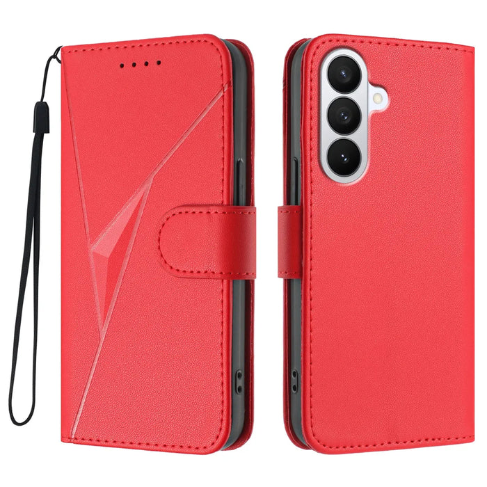 For Samsung Galaxy S26 Case Triangle Imprint Leather Phone Cover with Lanyard - Red - 1