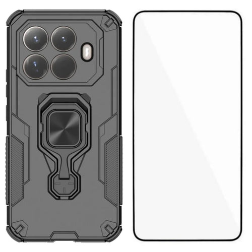 WANLONFENG For Xiaomi 15T Pro Phone Case  PC TPU Back Cover Kickstand with Tempered Glass - Black - 1
