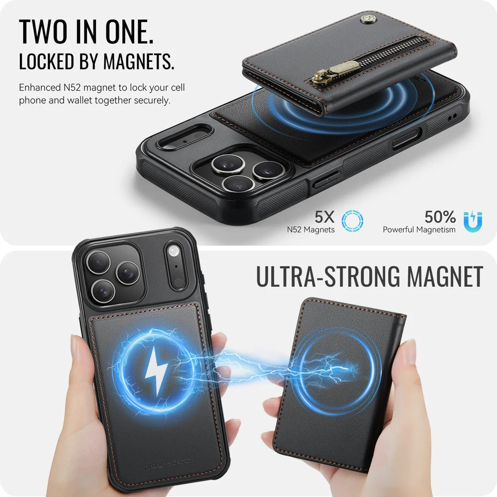 JEEHOOD For iPhone 17 Pro Max Case  J12 Magnetic  Detachable Zipper Wallet Kickstand Leather Back Cover Compatible with MagSafe - Black - 3