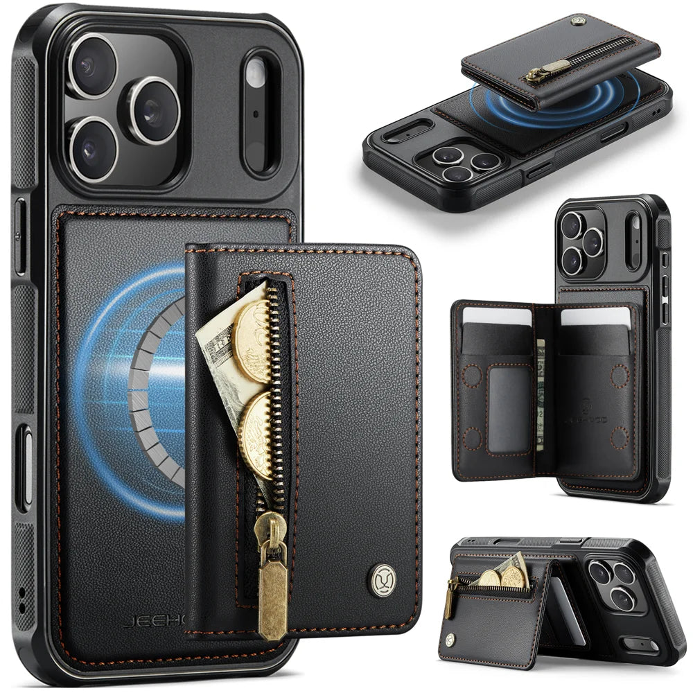 JEEHOOD For iPhone 17 Pro Case  J12 Magnetic  Detachable Zipper Wallet Kickstand Leather Back Cover Compatible with MagSafe - Black - 1