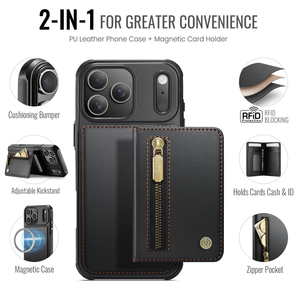 JEEHOOD For iPhone 17 Pro Case  J12 Magnetic  Detachable Zipper Wallet Kickstand Leather Back Cover Compatible with MagSafe - Black - 2