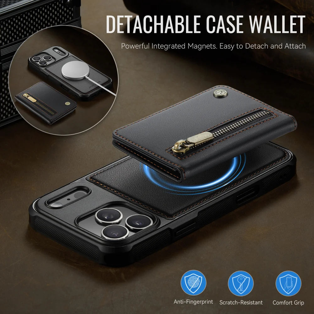 JEEHOOD For iPhone 17 Pro Case  J12 Magnetic  Detachable Zipper Wallet Kickstand Leather Back Cover Compatible with MagSafe - Black - 4