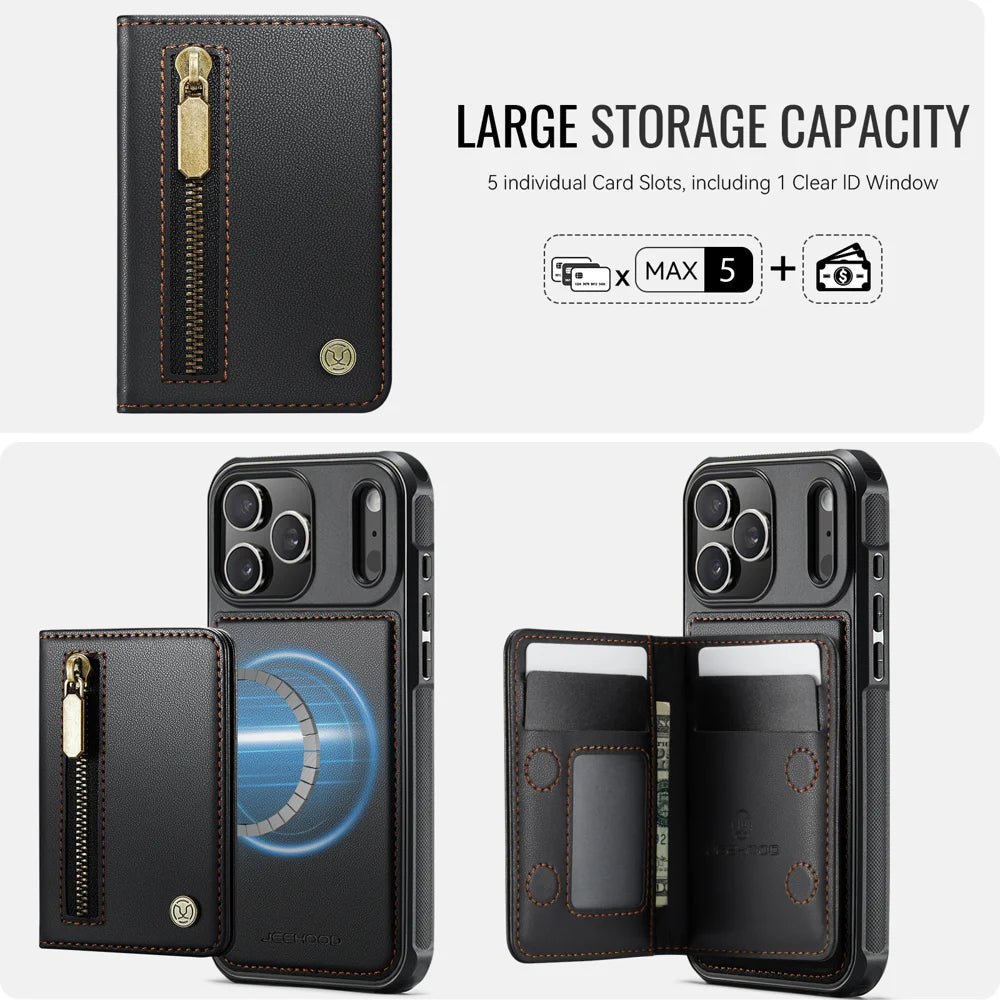 JEEHOOD For iPhone 17 Pro Case  J12 Magnetic  Detachable Zipper Wallet Kickstand Leather Back Cover Compatible with MagSafe - Black - 5