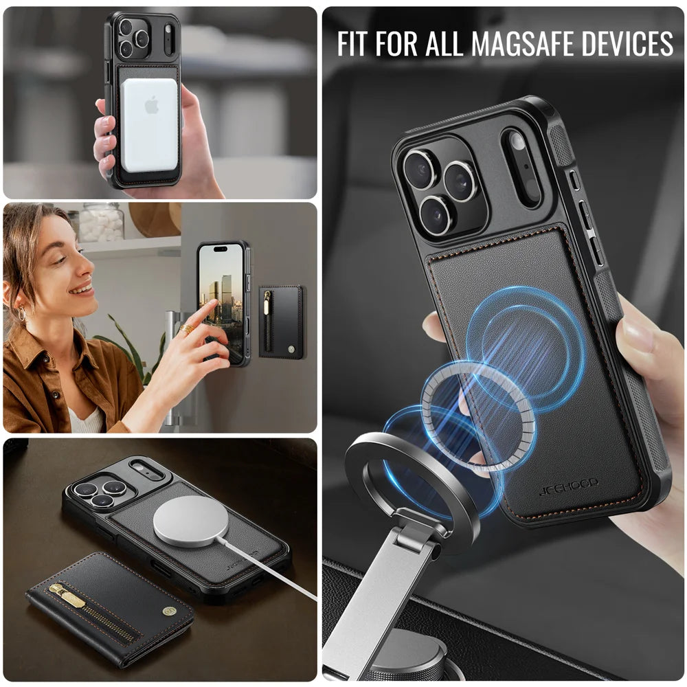 JEEHOOD For iPhone 17 Pro Case  J12 Magnetic  Detachable Zipper Wallet Kickstand Leather Back Cover Compatible with MagSafe - Black - 6