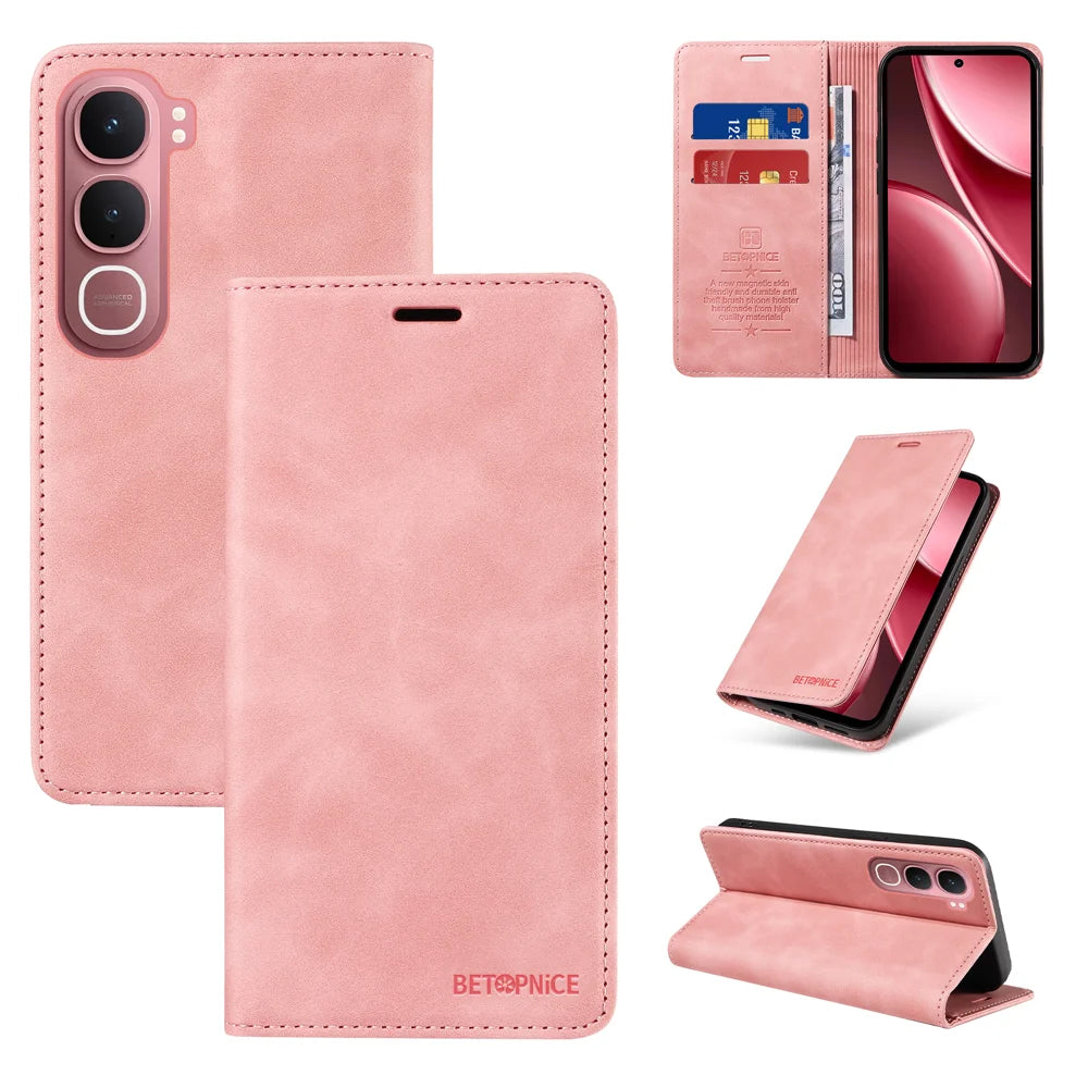BETOPNICE For vivo Y21d Case  Magnetic Closure RFID Blocking Wallet Stand Leather Phone Cover - Pink - 3