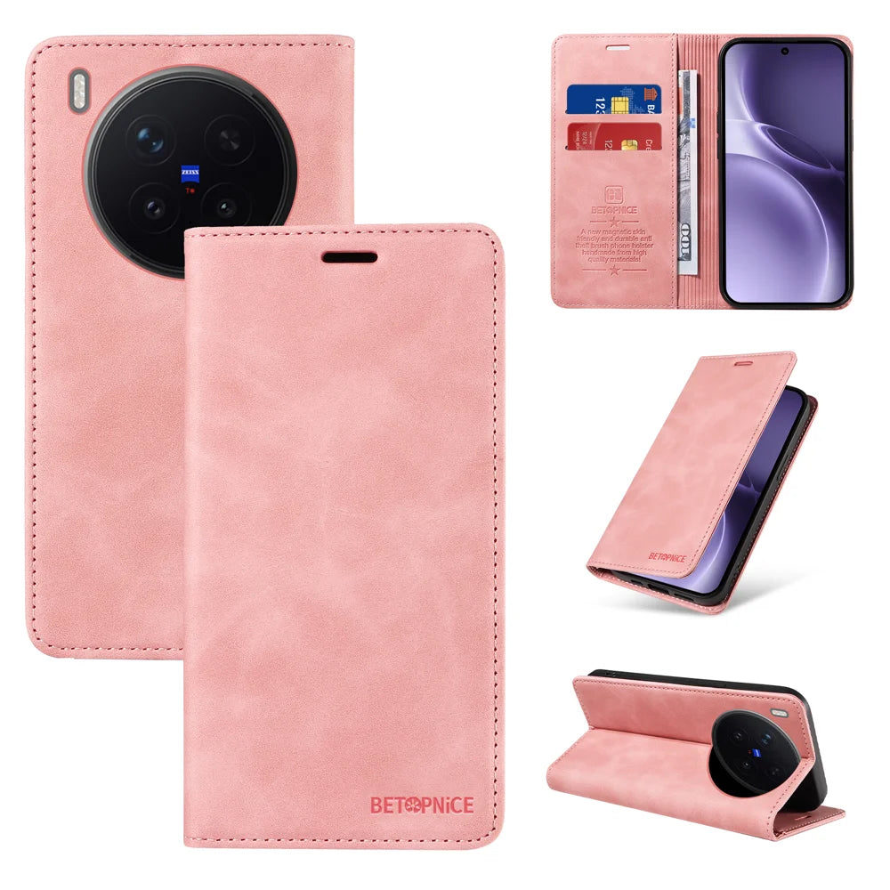 BETOPNICE For vivo X300 Pro 5G Case  Magnetic Closure RFID Blocking Wallet Stand Leather Phone Cover - Pink - 3