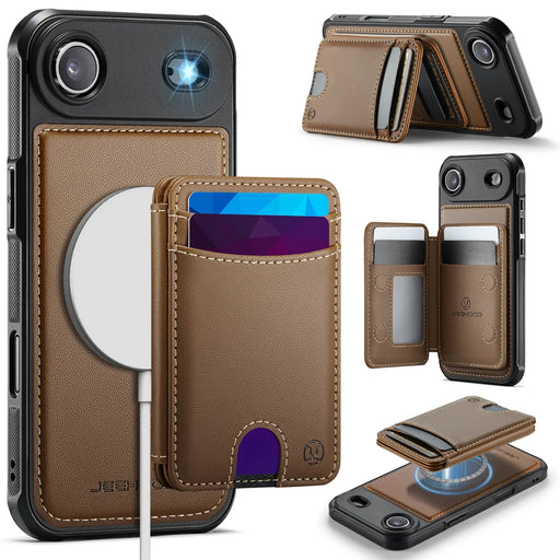 JEEHOOD J10 For iPhone Air Case with Detachable Card Holder Kickstand Compatible with MagSafe Leather Back Phone Cover - Brown - 1