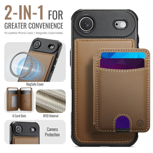 JEEHOOD J10 For iPhone Air Case with Detachable Card Holder Kickstand Compatible with MagSafe Leather Back Phone Cover - Brown - 2