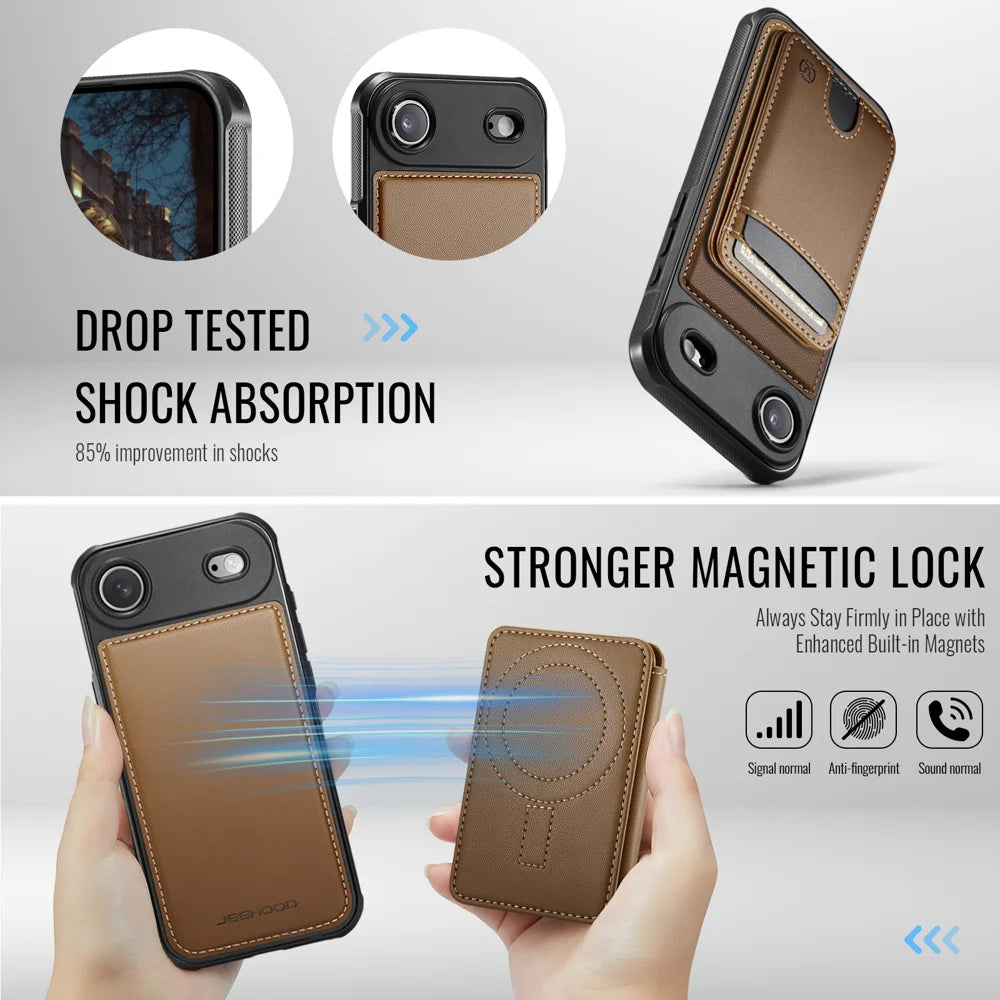 JEEHOOD J10 For iPhone Air Case with Detachable Card Holder Kickstand Compatible with MagSafe Leather Back Phone Cover - Brown - 3