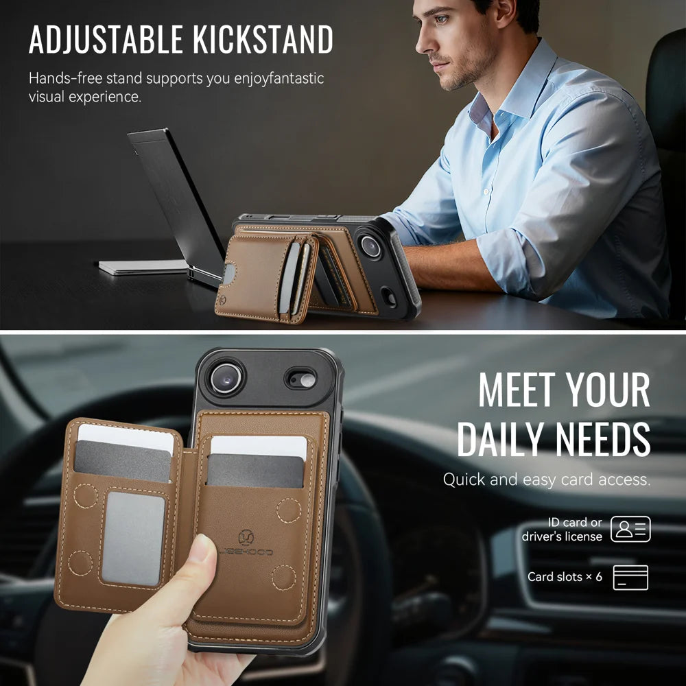 JEEHOOD J10 For iPhone Air Case with Detachable Card Holder Kickstand Compatible with MagSafe Leather Back Phone Cover - Brown - 4