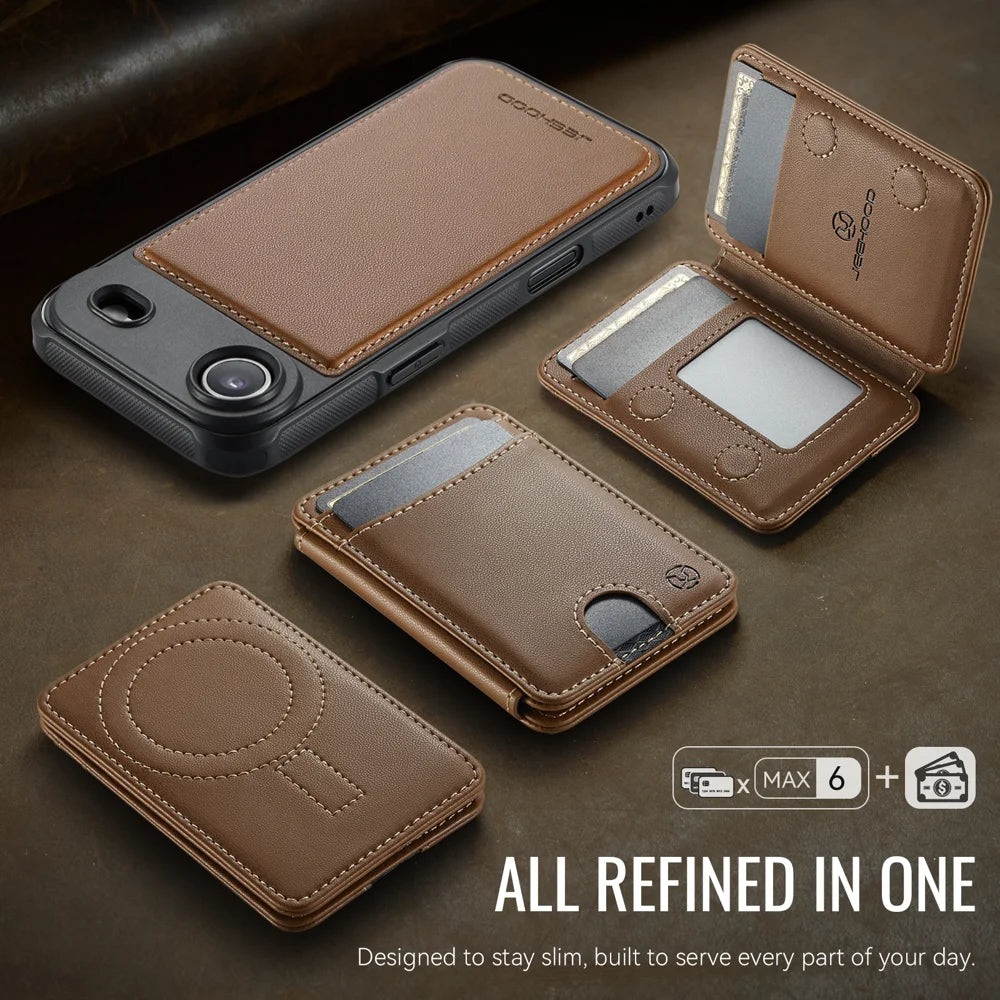JEEHOOD J10 For iPhone Air Case with Detachable Card Holder Kickstand Compatible with MagSafe Leather Back Phone Cover - Brown - 5