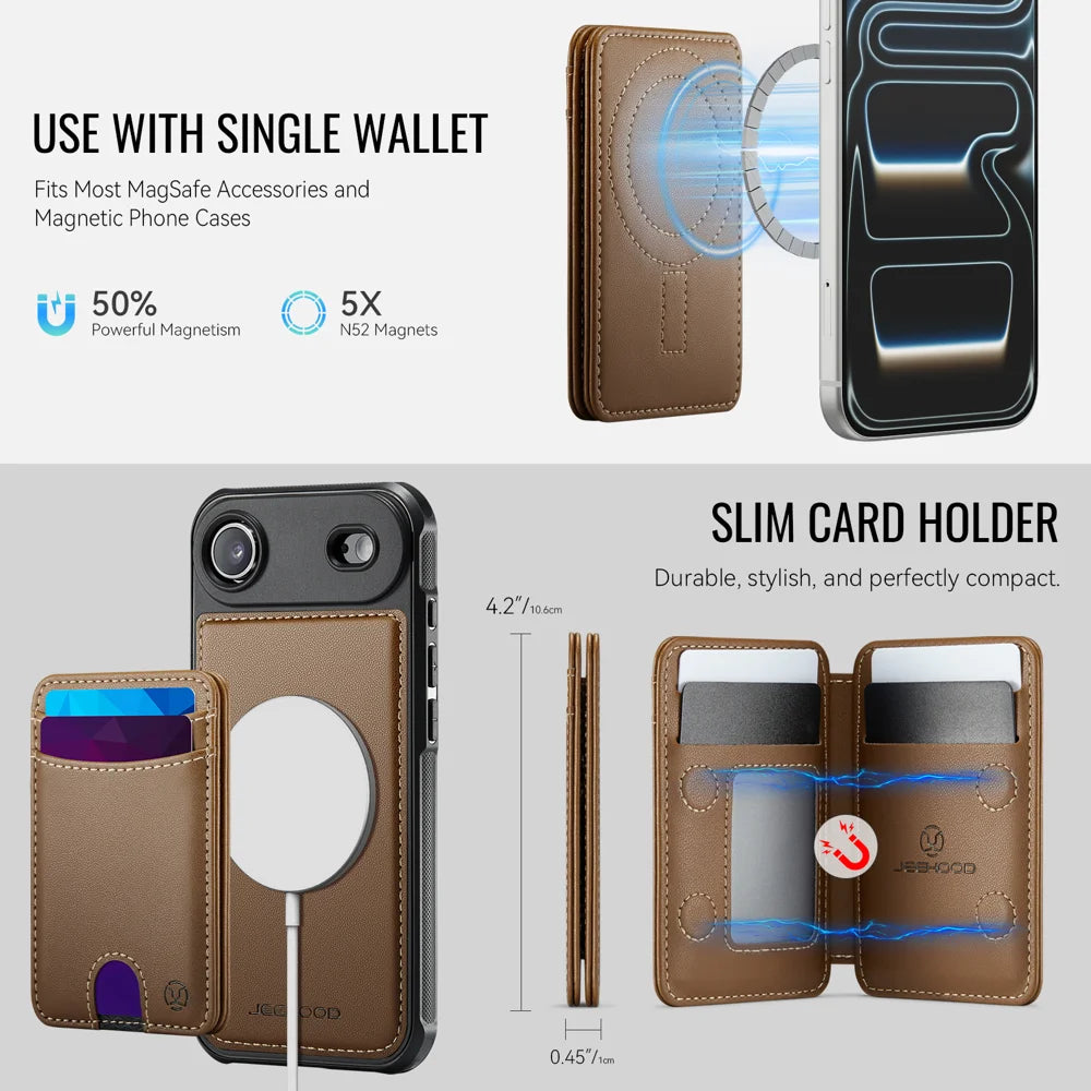 JEEHOOD J10 For iPhone Air Case with Detachable Card Holder Kickstand Compatible with MagSafe Leather Back Phone Cover - Brown - 6