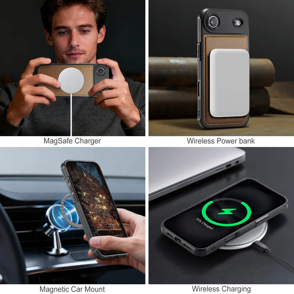 JEEHOOD J10 For iPhone Air Case with Detachable Card Holder Kickstand Compatible with MagSafe Leather Back Phone Cover - Brown - 7