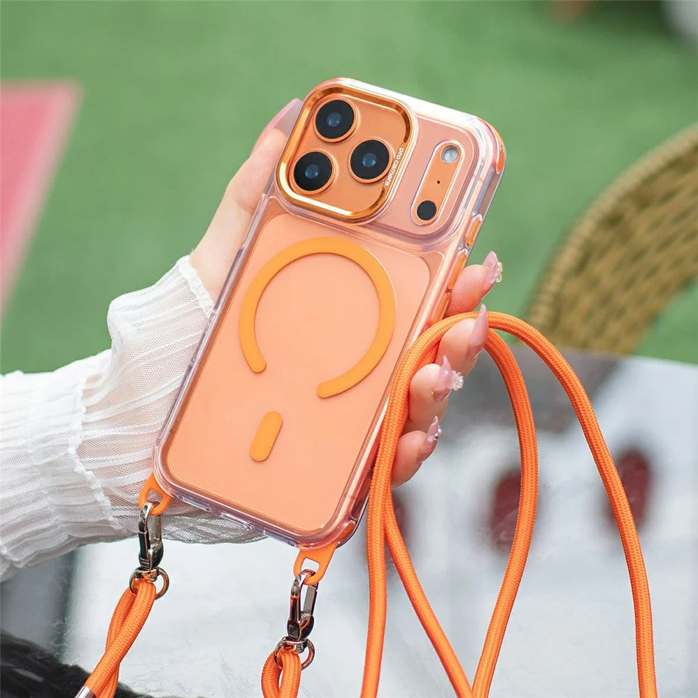 For iPhone 18 Pro / 17 Pro Clear Case Compatible with MagSafe Shockproof PC+TPU Phone Cover with 150cm Long Lanyard - Orange - 2