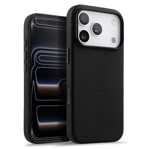 MELKCO For iPhone 17 Pro Max Magnetic Case Genuine Cow Leather + PC Phone Cover with Metal Keys  /  AI Button - Black - 1