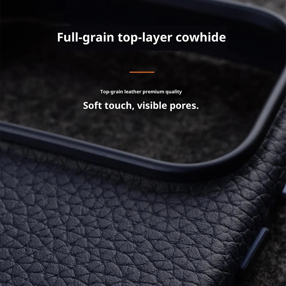 MELKCO For iPhone 17 Pro Max Magnetic Case Genuine Cow Leather + PC Phone Cover with Metal Keys  /  AI Button - Black - 3
