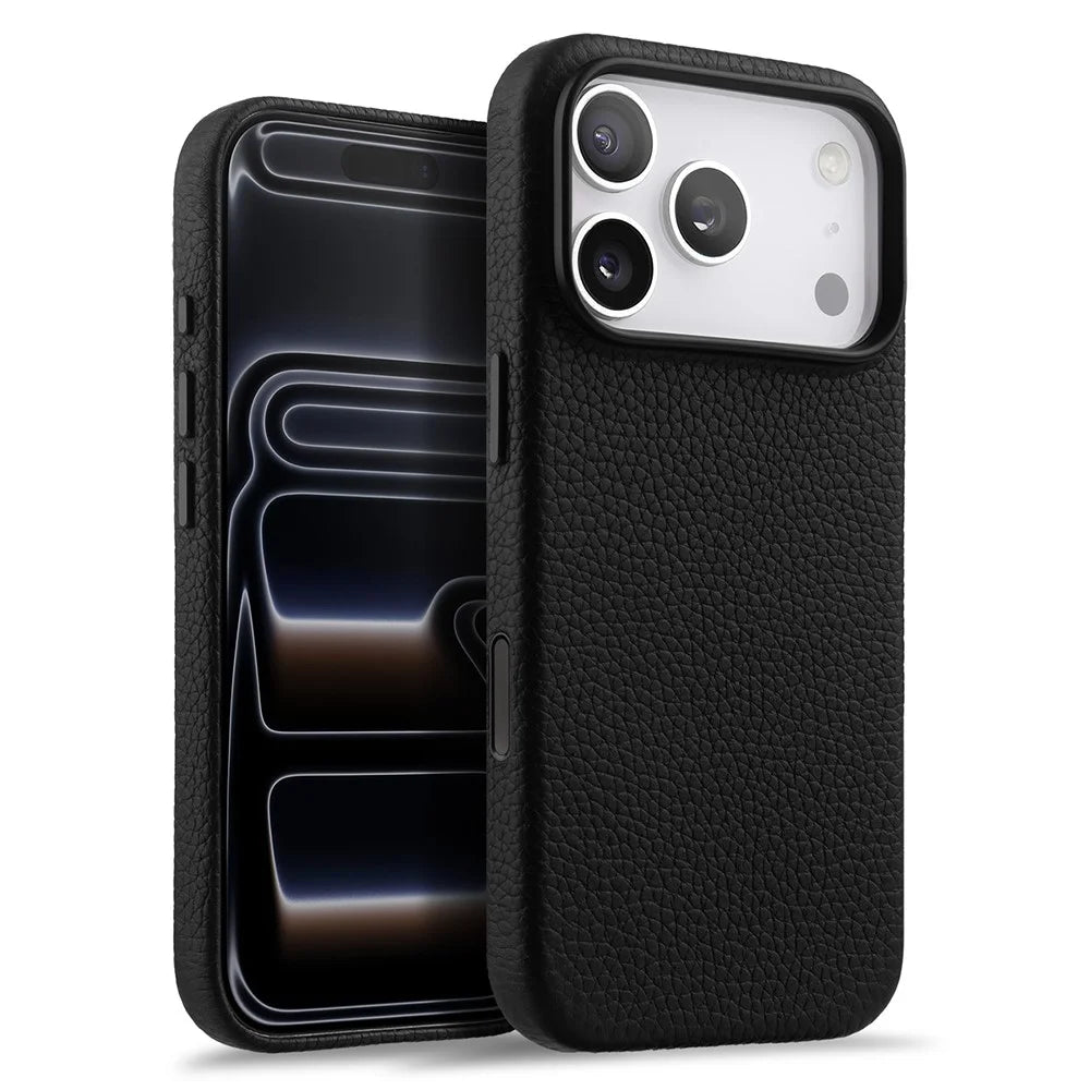 MELKCO For iPhone 17 Pro Magnetic Case Genuine Cow Leather + PC Phone Cover with Metal Keys  /  AI Button - Black - 1
