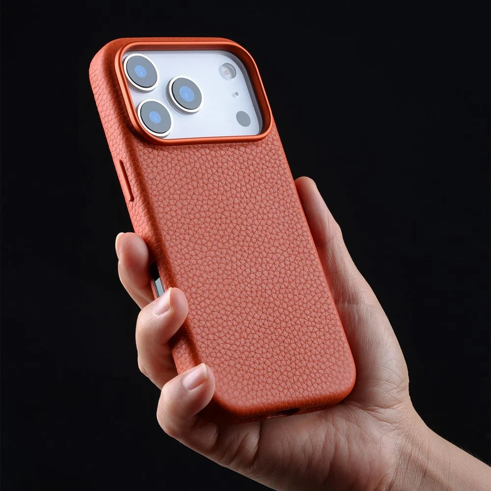 MELKCO For iPhone 17 Pro Magnetic Case Genuine Cow Leather + PC Phone Cover with Metal Keys  /  AI Button - Black - 2