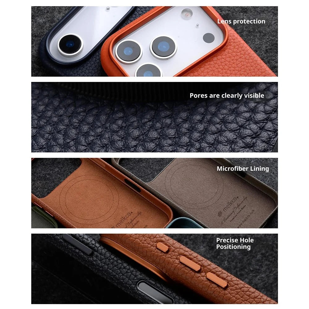 MELKCO For iPhone 17 Pro Magnetic Case Genuine Cow Leather + PC Phone Cover with Metal Keys  /  AI Button - Black - 6