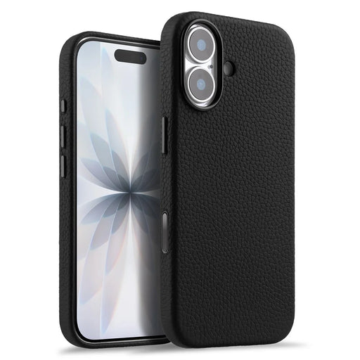 MELKCO For iPhone 17 Magnetic Case Genuine Cow Leather + PC Phone Cover with Metal Keys  /  AI Button - Black - 1