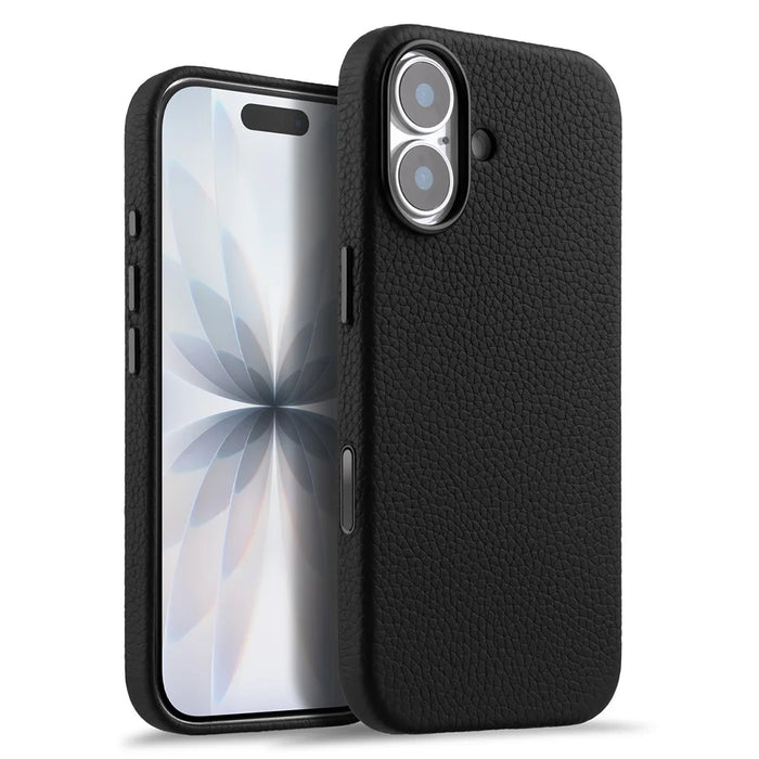 MELKCO For iPhone 17 Magnetic Case Genuine Cow Leather + PC Phone Cover with Metal Keys  /  AI Button - Black - 1