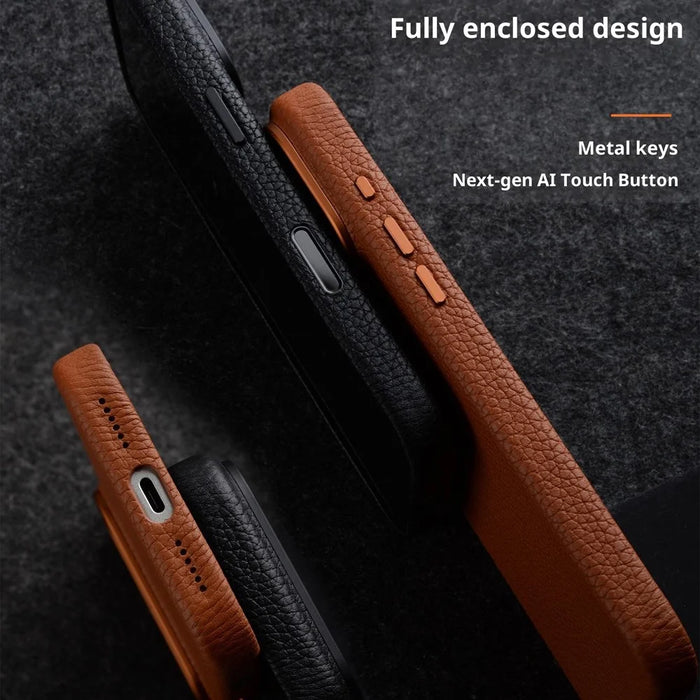 MELKCO For iPhone 17 Magnetic Case Genuine Cow Leather + PC Phone Cover with Metal Keys  /  AI Button - Black - 3