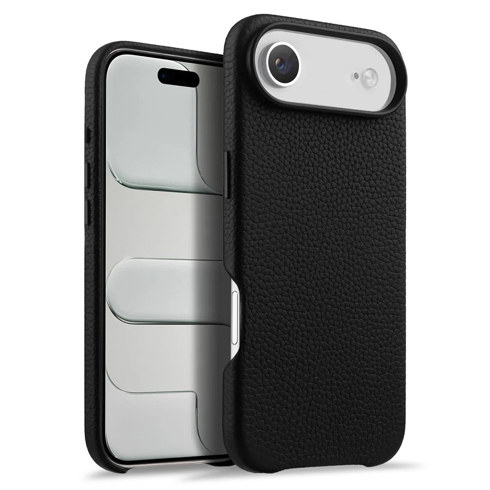 MELKCO For iPhone Air Magnetic Case Genuine Cow Leather + PC Phone Cover with Metal Keys  /  AI Button - Black - 1