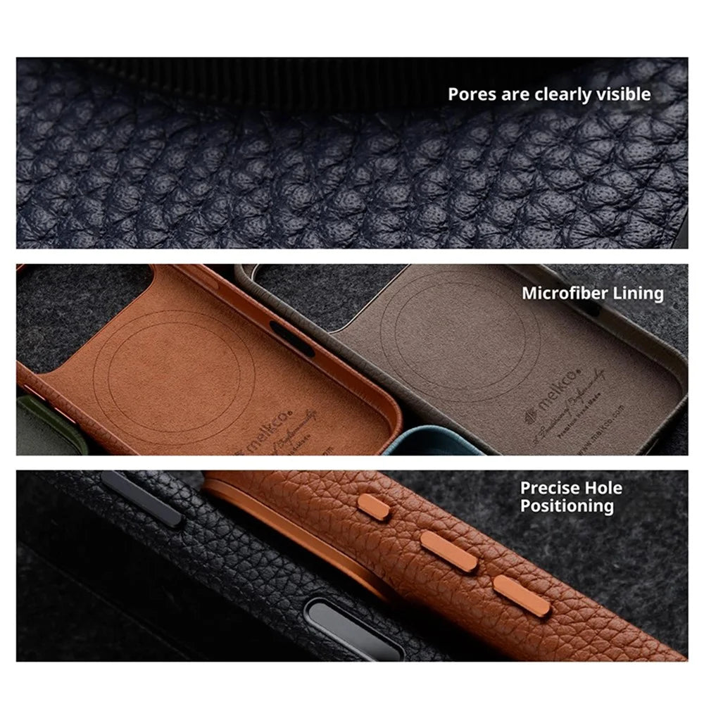 MELKCO For iPhone Air Magnetic Case Genuine Cow Leather + PC Phone Cover with Metal Keys  /  AI Button - Black - 3