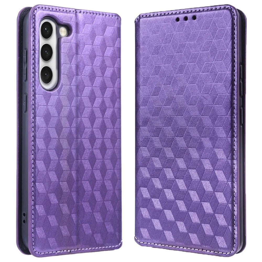 For Samsung Galaxy S23 Rhombus Pattern Imprinted PU Leather Flip Folio Phone Case Wallet Stand Anti-scratch Back Cover - Purple - 1