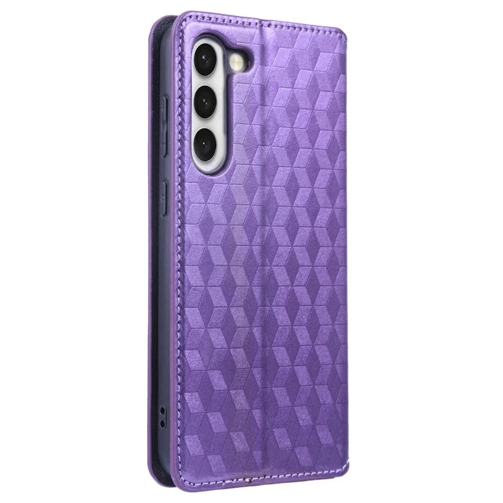 For Samsung Galaxy S23 Rhombus Pattern Imprinted PU Leather Flip Folio Phone Case Wallet Stand Anti-scratch Back Cover - Purple - 6
