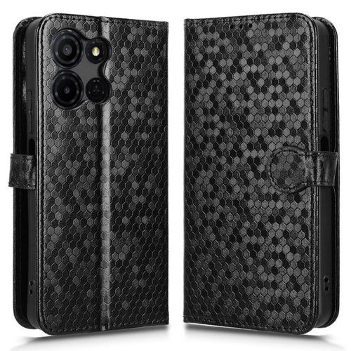 For TCL K33 5G  /  K32 5G Wallet Case Dot Pattern Imprint PU Leather Phone Cover with Wrist Strap - Black - 1