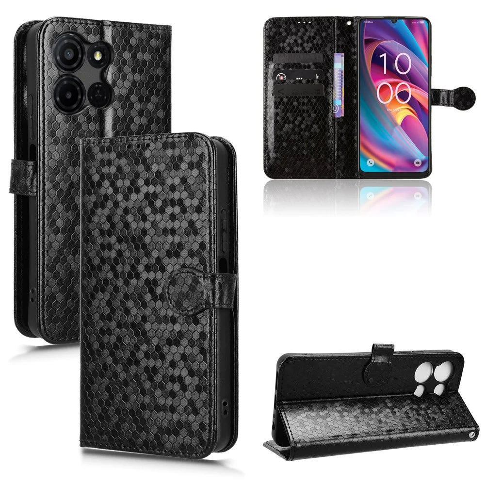For TCL K33 5G  /  K32 5G Wallet Case Dot Pattern Imprint PU Leather Phone Cover with Wrist Strap - Black - 7